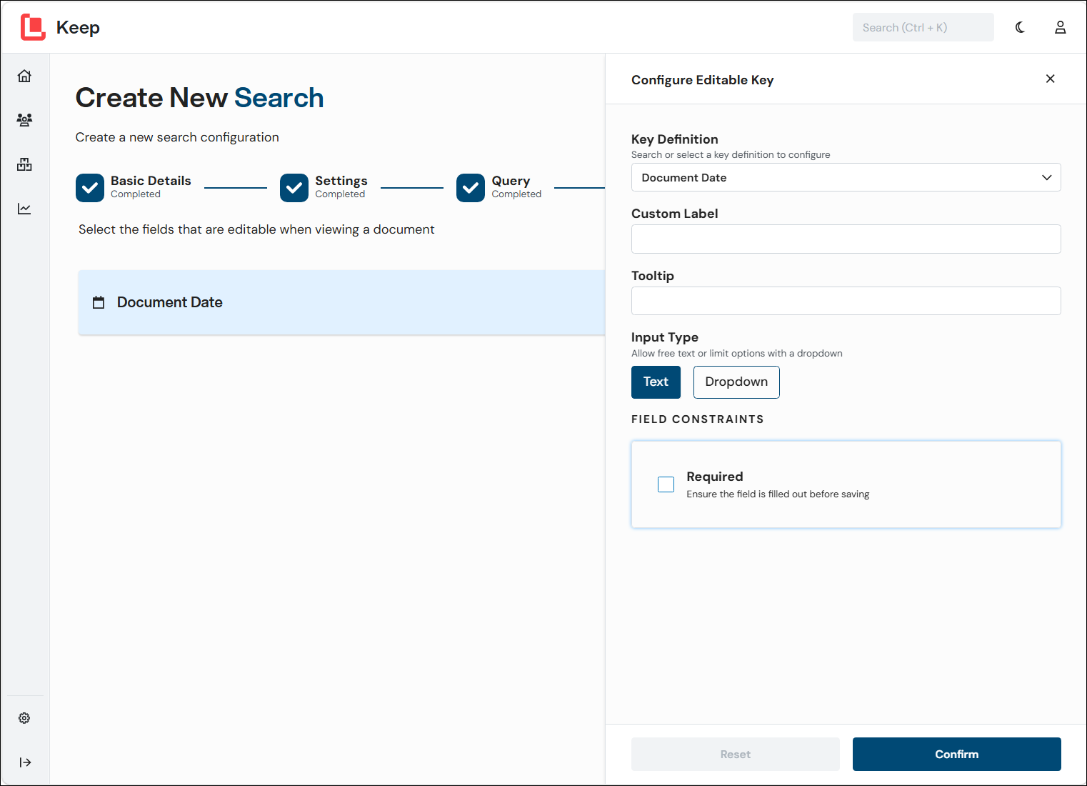 A screenshot of the Edit Editable Key pane for a editable key added to a new search configuration.